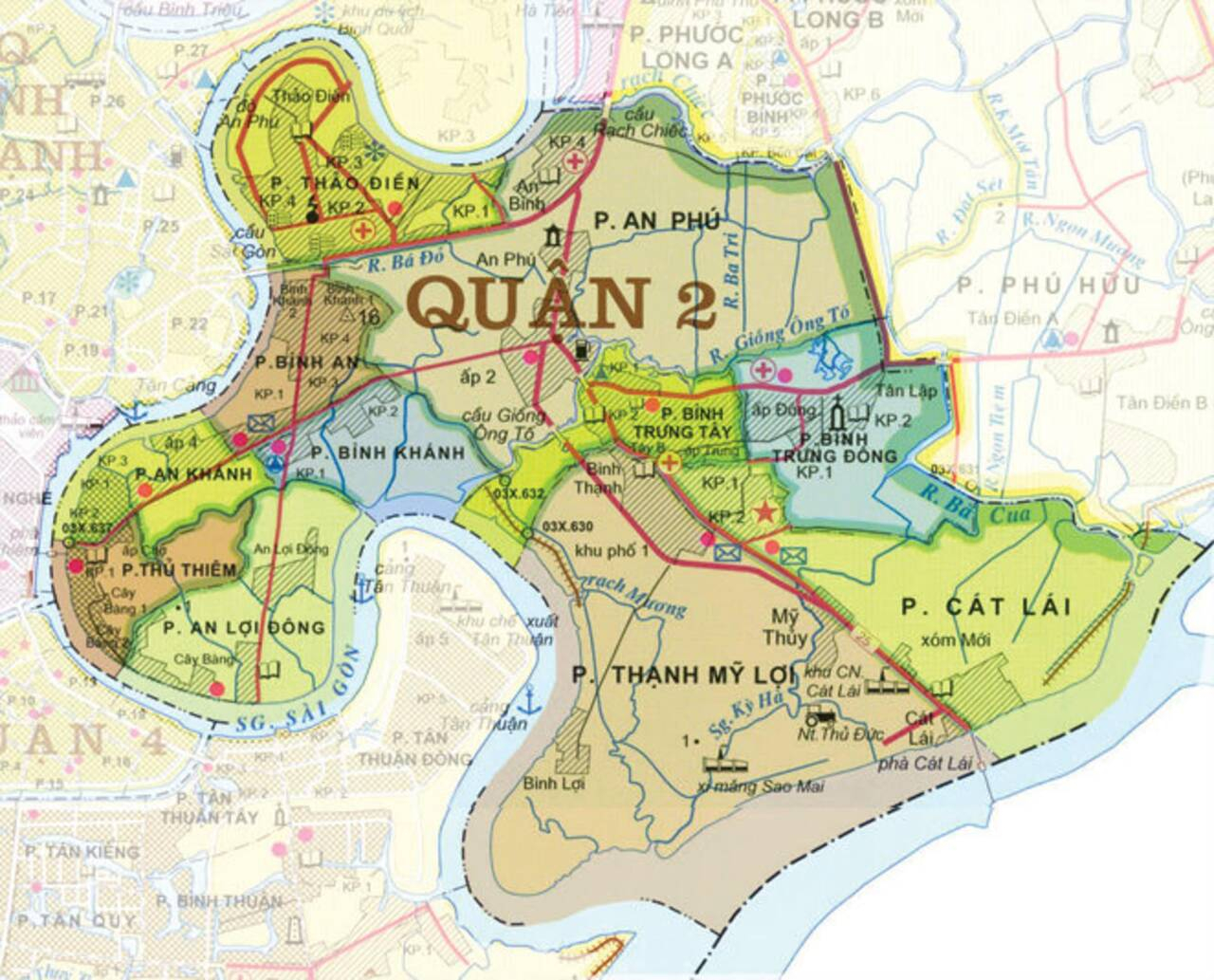 BẢN ĐỒ HÀNH CHÍNH THỂ HIỆN CÁC PHƯỜNG TẠI QUẬN 2